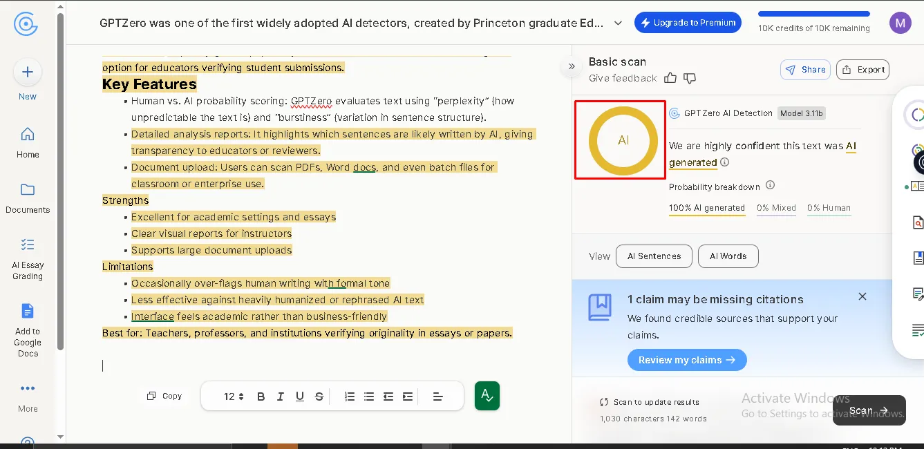 Key Features GPTZero